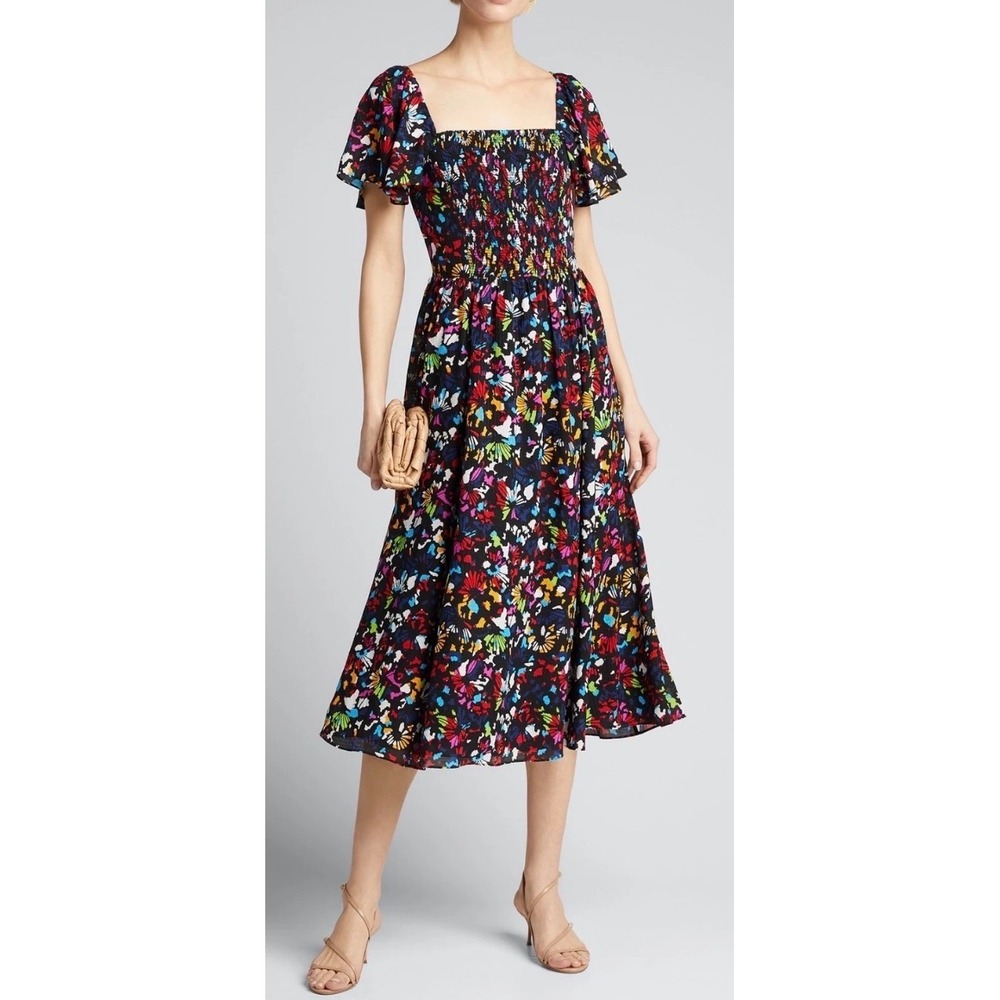 Tanya‎ Taylor Silk Glenda Midi Dress in Black Multi Size XS